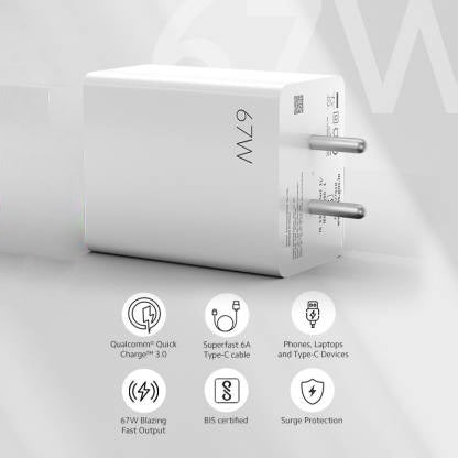 67W Sonic Charge Combo | Laptops, Tablets, & Mobile Charger|(Adapter + USB to Type C Cable)| Mi/Xiaomi/Redmi Charger|Superfast 6A Type C Included