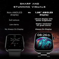 The Ultra 3 Bluetooth Calling Smart Watch (Jet Black: Elite Edition) boasts the largest 1.96" AMOLED display, a premium metallic build, a functional crown, gesture control, and a metallic strap.