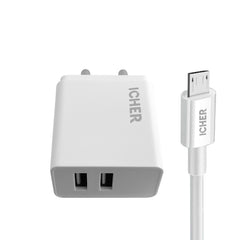 Icher 2.4A Dual USB Wall Charger with Micro USB Cable