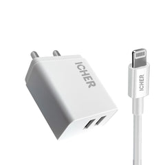 Icher 2.4A Dual USB Wall Charger with Lightning Cable