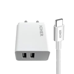 Icher 2.4A Dual USB Wall Charger with Type C Cable