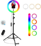 Tech novo - iOS and Android, this 52-inch tall LED ring light is perfect for TikTok, makeup, live streaming, and photography. It features three daily lights and 21 different colors.
