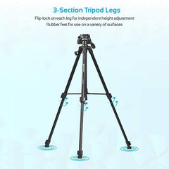 Aluminum Alloy Camera Tripod GoPro 150cm Camera Tripod with 3-Way Head, 3-Sections, 3-Kg Load Capacity, and Gravity Hook
