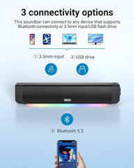 Computer Speakers, Dual-Powered PC Sound Bar with Cord and Battery, Wireless Lighting