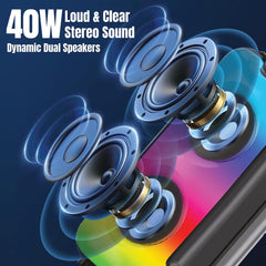 Boom-Mz Fusion Party V3 40W Bluetooth Karaoke Party Speaker with Dual Drivers, RGB Lighting, USB/SD Card/Aux Playback, Auto TWS Function, and Remote Control (Black) with immersive sound and a 3-meter wired microphone