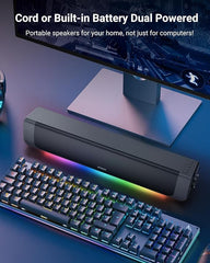 Computer Speakers, Dual-Powered PC Sound Bar with Cord and Battery, Wireless Lighting