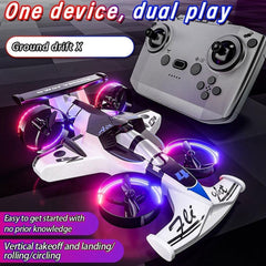 2-in-1 RC Drone Car for Kids, 2.4GHz Land & Air Remote Control Flying Vehicle with 360° Flip Stunts, 4WD High Speed Drift Mode, 3 Speed Modes & LED Lights - Blue/Red Multicolor Stunt Toy