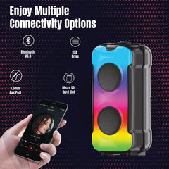 Boom-Mz Fusion Party V3 40W Bluetooth Karaoke Party Speaker with Dual Drivers, RGB Lighting, USB/SD Card/Aux Playback, Auto TWS Function, and Remote Control (Black) with immersive sound and a 3-meter wired microphone
