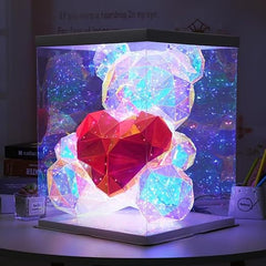 Gifto-Teddy Bear with Heart Holographic Glow Lamp - Unique Magical Valentine Gift Romantic Anniversary Gift for Home Decor (18 Cm)