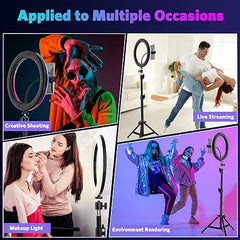 Tech novo - iOS and Android, this 52-inch tall LED ring light is perfect for TikTok, makeup, live streaming, and photography. It features three daily lights and 21 different colors.