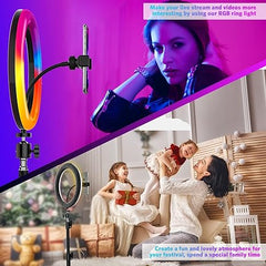 Tech novo - iOS and Android, this 52-inch tall LED ring light is perfect for TikTok, makeup, live streaming, and photography. It features three daily lights and 21 different colors.