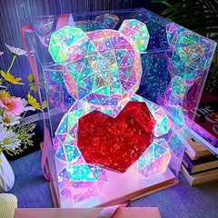 Gifto-Teddy Bear with Heart Holographic Glow Lamp - Unique Magical Valentine Gift Romantic Anniversary Gift for Home Decor (18 Cm)