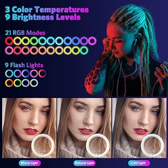 Tech novo - iOS and Android, this 52-inch tall LED ring light is perfect for TikTok, makeup, live streaming, and photography. It features three daily lights and 21 different colors.