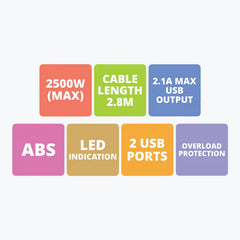 ZEBRONICS - USB POWER STRIP |2500W|2.8M|7 Socket|2USB
