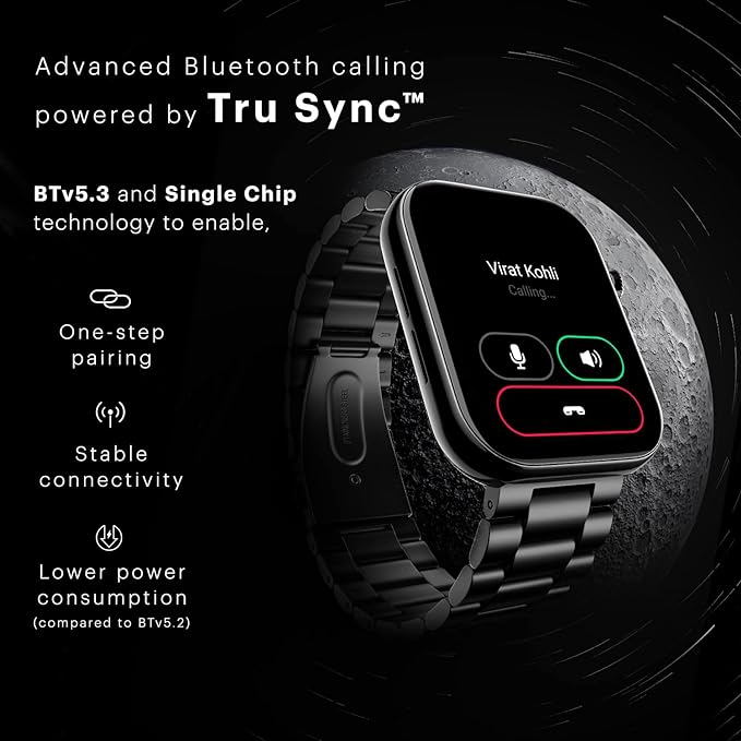The  Ultra 3 Bluetooth Calling Smart Watch (Jet Black: Elite Edition) boasts the largest 1.96" AMOLED display, a premium metallic build, a functional crown, gesture control, and a metallic strap.