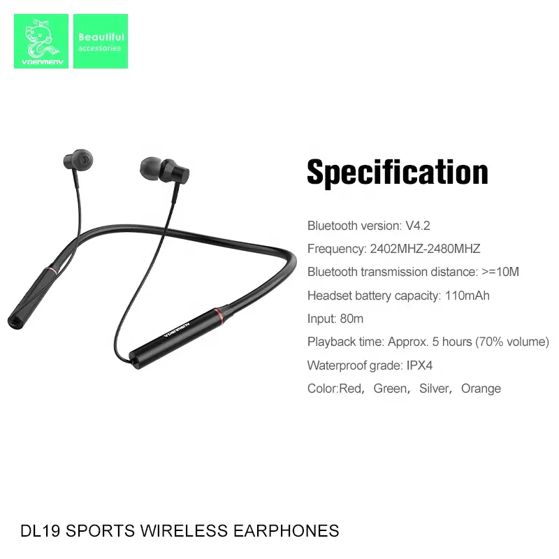 In-ear sport headphones with a wireless magnetic neck strap for music and packaging