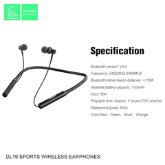 In-ear sport headphones with a wireless magnetic neck strap for music and packaging