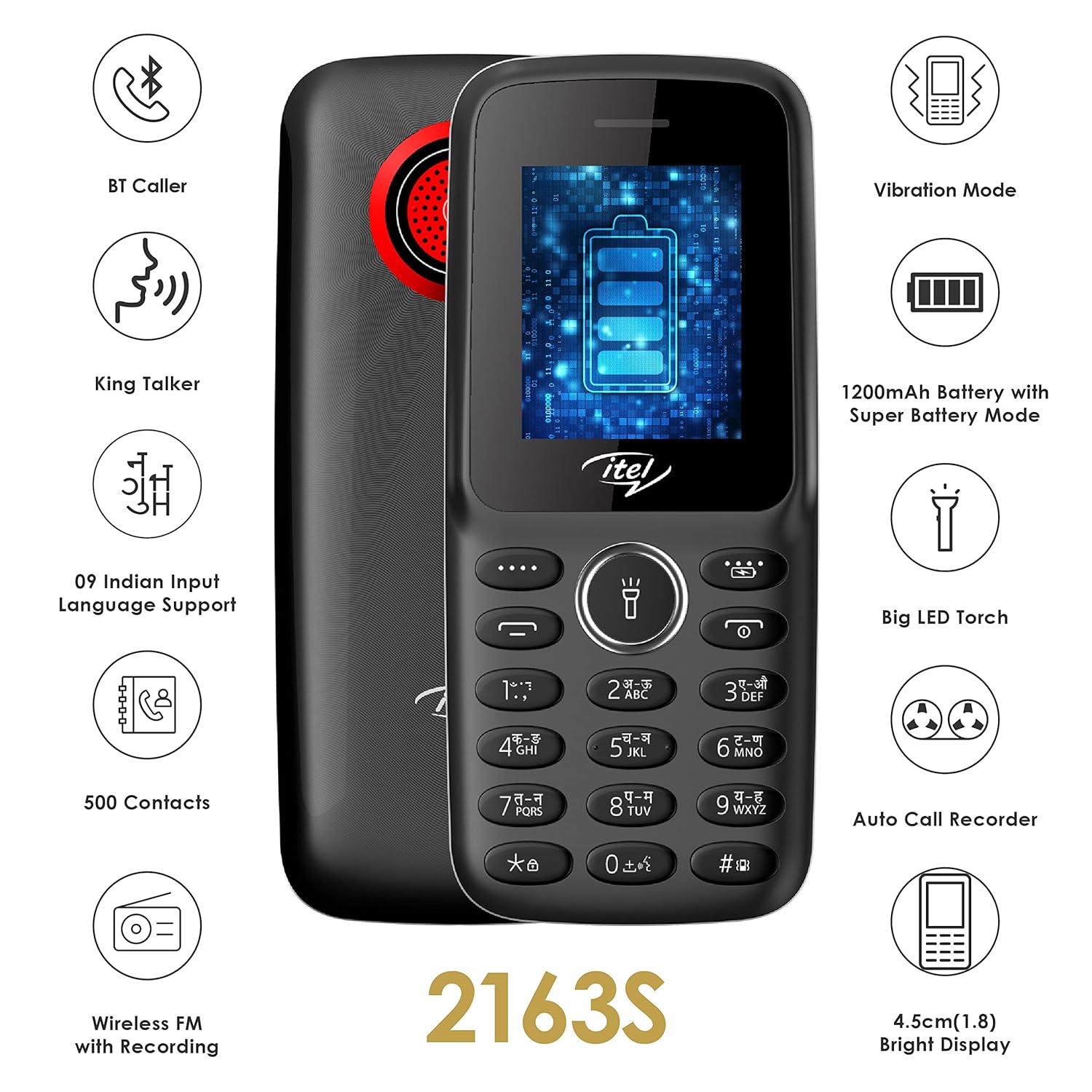 itel it2163s" (black, 4.5cm, 1200mAh, Bluetooth caller, kingtalker,  115x49.5x14.2 mm