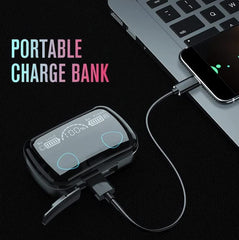 The M19 Wireless Earbuds are a compact, portable sports waterproof stereo in-ear earphone that comes with a large screen dual LED digital display and touch Bluetooth functionality.