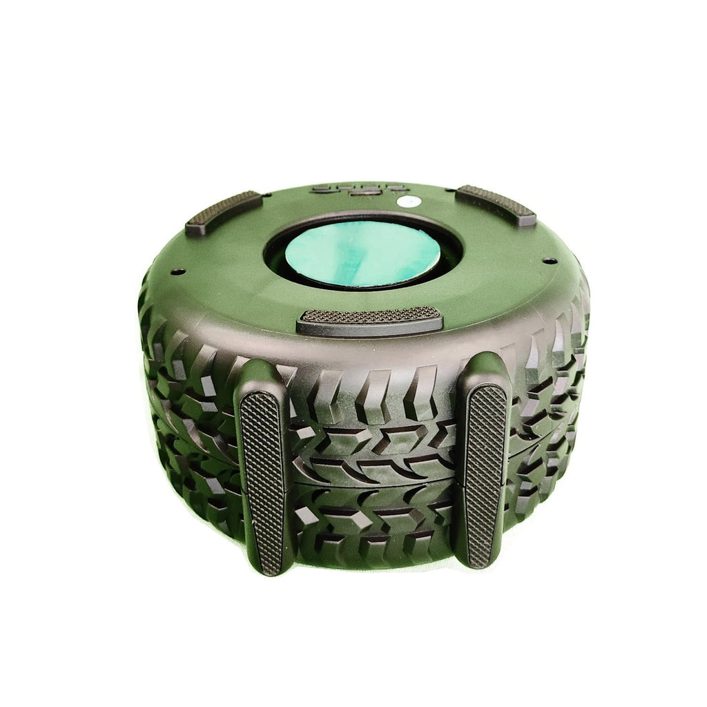Transportable Bluetooth speaker in the shape of a tire, with strong bass and both indoor and outdoor use