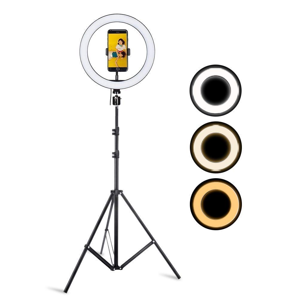 Tech Novo - Dimmable 10" LED Ring Light for Live Streaming YouTube Reels and Vlogging with 3 Light Modes, 10 Brightness Levels, a 7-foot tripod stand, and a phone holder