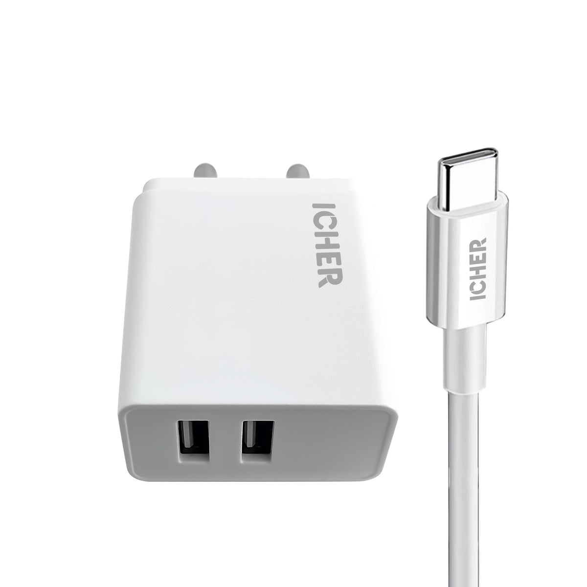 Icher 2.4A Dual USB Wall Charger with Type C Cable