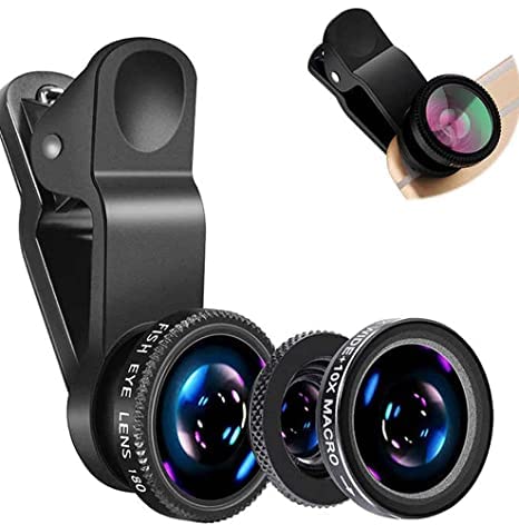 Tech novo - For all smartphones, tablets, iOS, and Android devices, Set Mobile Professional HD Camera Lens includes a 180° Fisheye Lens, a Wide Angle Lens, and a 10x MM Macro Lens with a Bag Clip Holder Kit (Black).