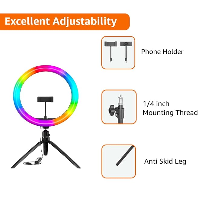 Tech novo - Compatible with iPhone/Android phones and cameras, this 10-inch LED RGB ring light comes with a tabletop tripod stand and a hot shoe adapter for photo and video shoots, live streaming, makeup applications, and vlogging.