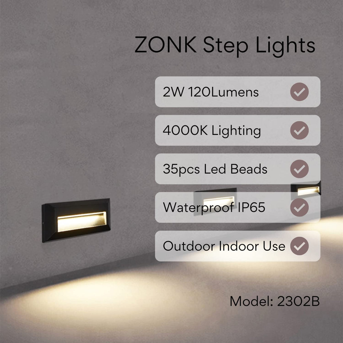 color sync- ZONK Waterproof Rectangular Wall Mount Footlight for Step Stairs and Decking; Landscape Deck Lighting 120V; Black