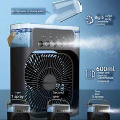Home-use-portable-mini-air -cooler-portable-fan-with-7-colors, LED light, 3-speed AC mode, water spray, humidification, and 600 ml capacity