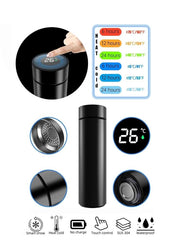 Technonovo - 500ml Matte Black Water Bottle with Intelligent LCD Touch Screen, Double Wall Vacuum Flask, Maintain Temperature for 24 Hours Fitness, Present, Physician, Outside, Stainless Steel Flask, Scratch-Resistant