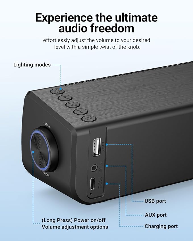 Computer Speakers, Dual-Powered PC Sound Bar with Cord and Battery, Wireless Lighting