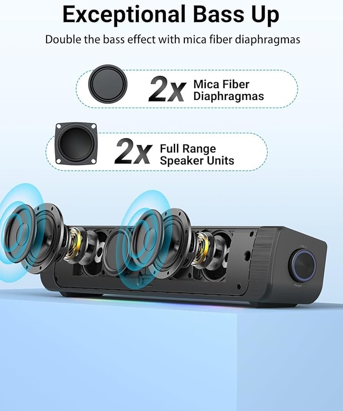 Computer Speakers, Dual-Powered PC Sound Bar with Cord and Battery, Wireless Lighting