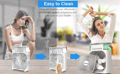 Home-use-portable-mini-air -cooler-portable-fan-with-7-colors, LED light, 3-speed AC mode, water spray, humidification, and 600 ml capacity