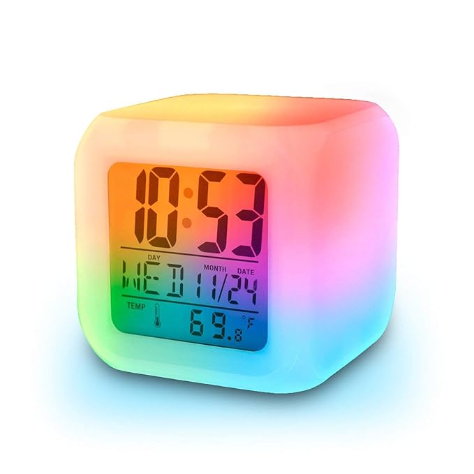 Tech nova-seven-color LED digital alarm clock table watch for office, bedroom, and date/time/temperature is made of plastic.