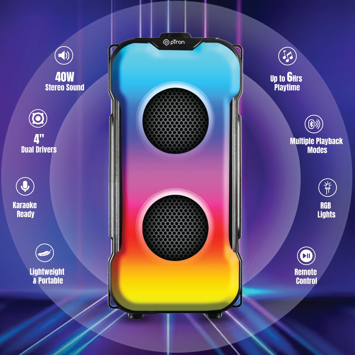 Boom-Mz Fusion Party V3 40W Bluetooth Karaoke Party Speaker with Dual Drivers, RGB Lighting, USB/SD Card/Aux Playback, Auto TWS Function, and Remote Control (Black) with immersive sound and a 3-meter wired microphone