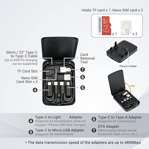 Featuring a 22" USB-C cable and a USB-A/micro-USB/light/OTG USB adapter, this compact cable card is multifunctional.