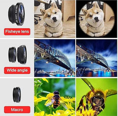 Tech novo - For all smartphones, tablets, iOS, and Android devices, Set Mobile Professional HD Camera Lens includes a 180° Fisheye Lens, a Wide Angle Lens, and a 10x MM Macro Lens with a Bag Clip Holder Kit (Black).