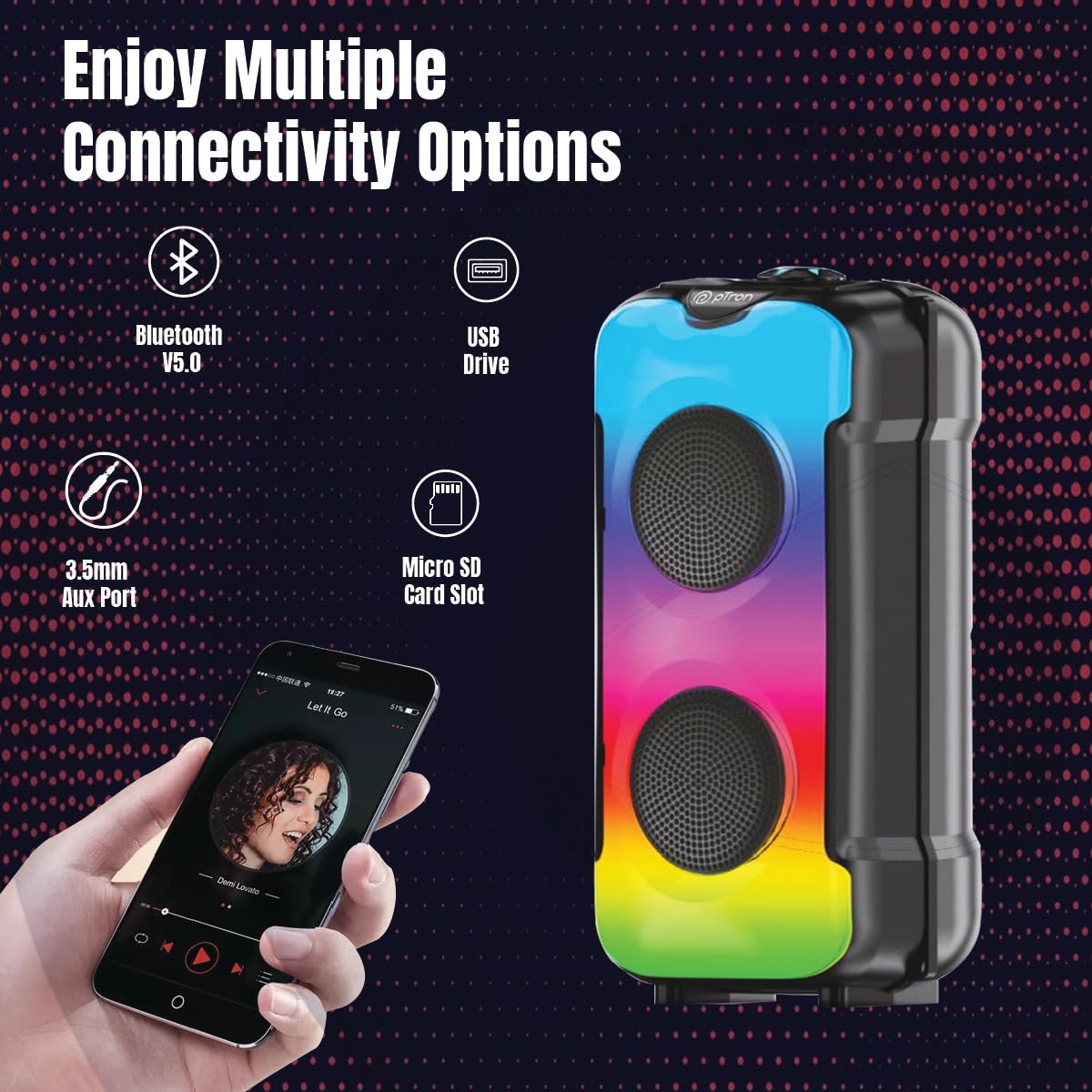 Boom-Mz Fusion Party V3 40W Bluetooth Karaoke Party Speaker with Dual Drivers, RGB Lighting, USB/SD Card/Aux Playback, Auto TWS Function, and Remote Control (Black) with immersive sound and a 3-meter wired microphone