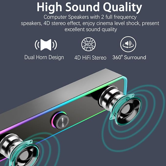 Desktop monitor speakers for computers, USB-powered computer speakers with RGB lights,