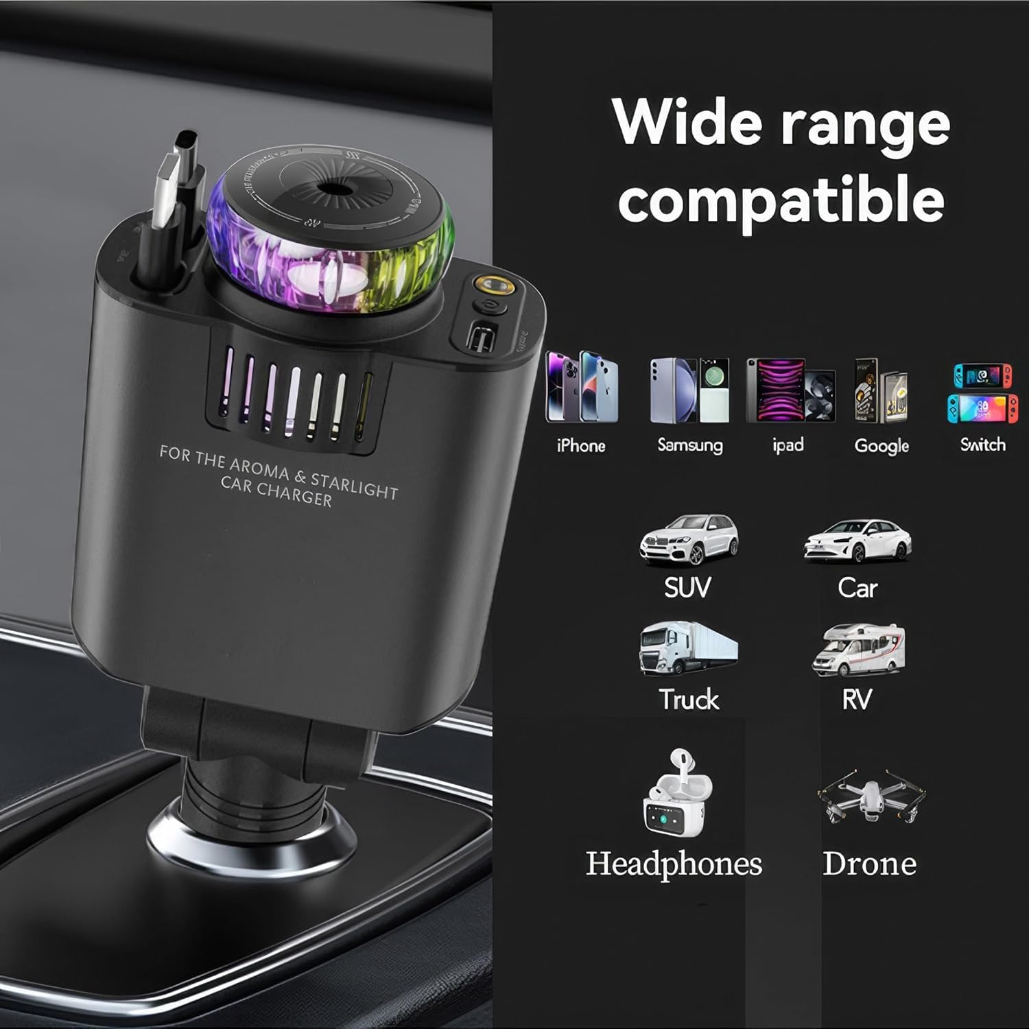 5 in 1 Fragrance Car charger/ Starlight Car Charger Starry Sky Ambient Light Compatible with iPhone & Android