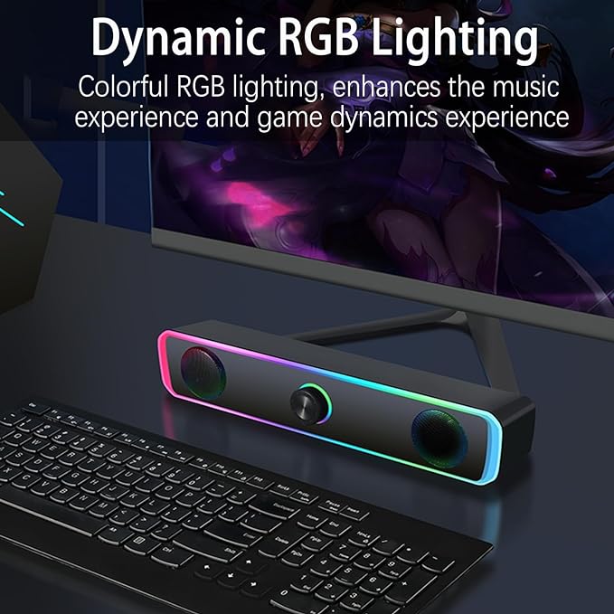Computer Speakers, Dual-Powered PC Sound Bar with Cord and Battery, Wireless Lighting