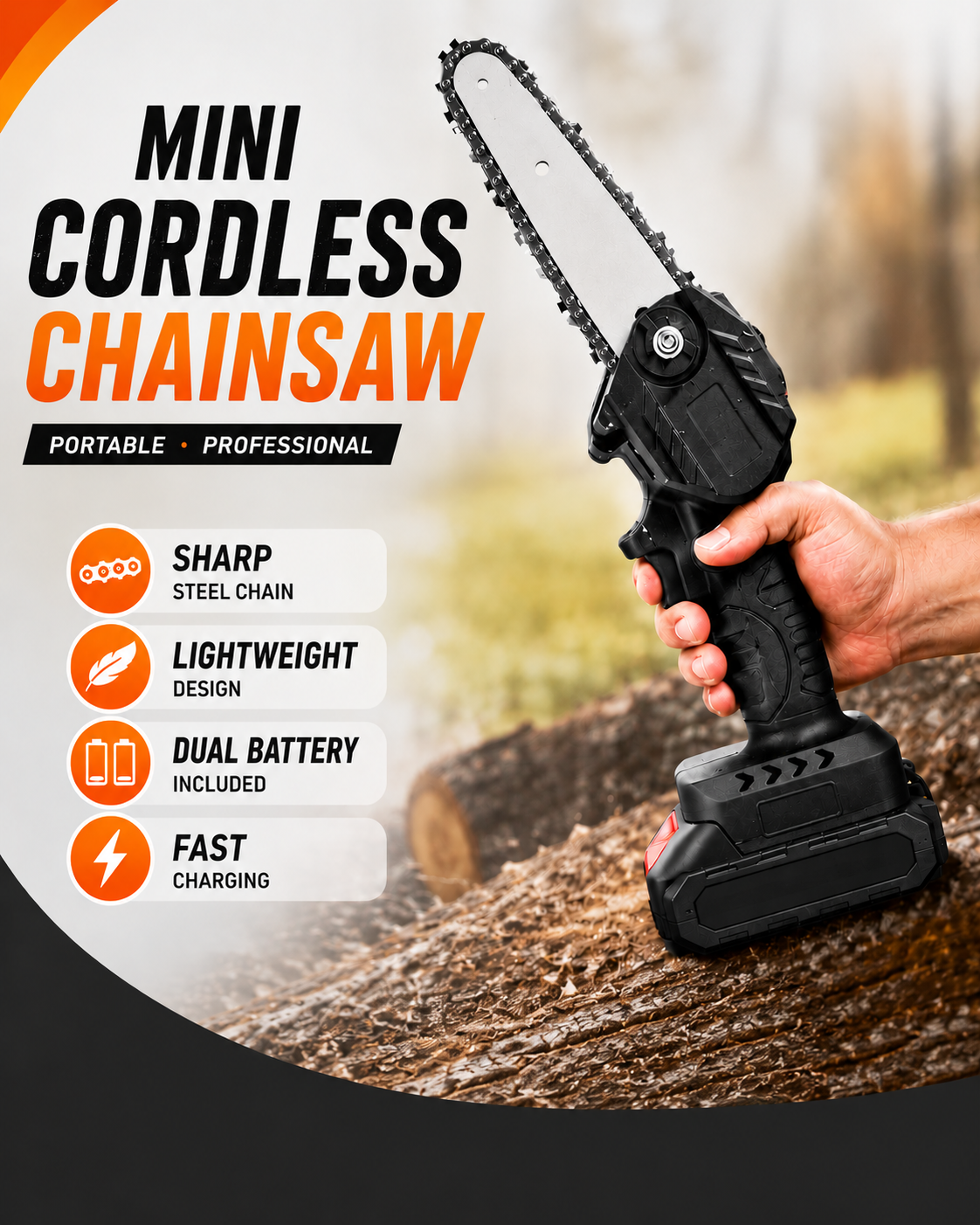 48V Cordless Mini Chainsaw – 18CM Guide Bar | 2 Batteries Included
