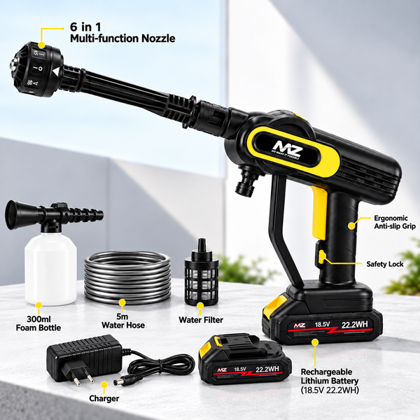 MZ 48Vf Portable Carwasher |  WaterGun – Dual Battery High-Pressure Washer with Foam Bottle & Multi Nozzle Set