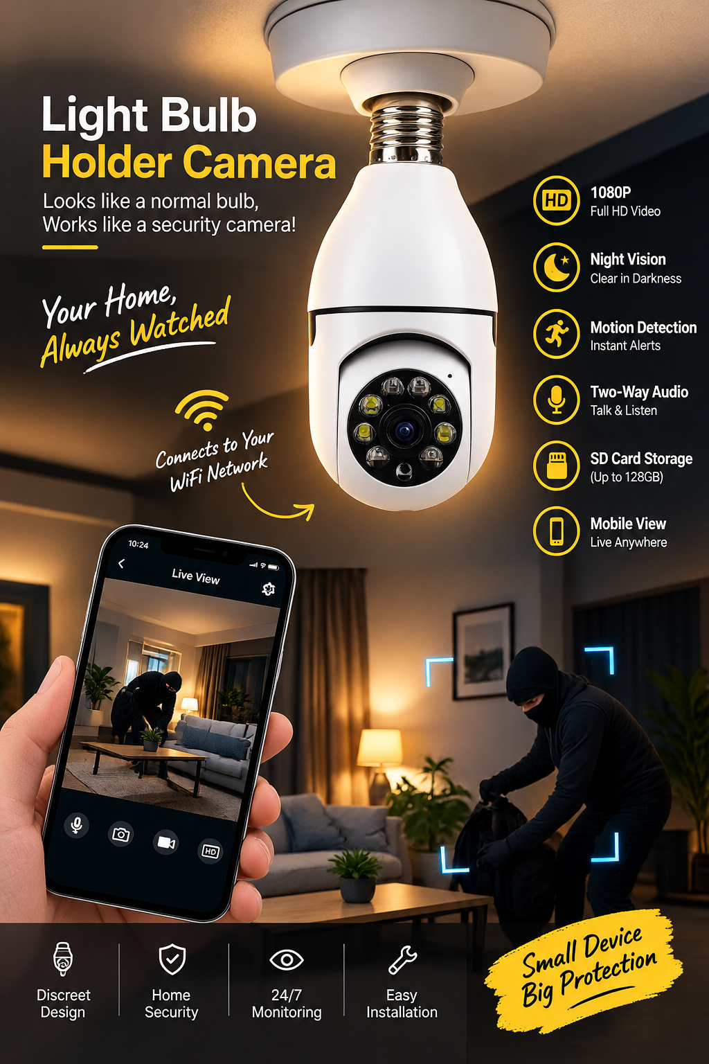 Smart WiFi Bulb Security Camera | 360° Panoramic View | Night Vision | Motion Detection | Two-Way Audio | CCTV