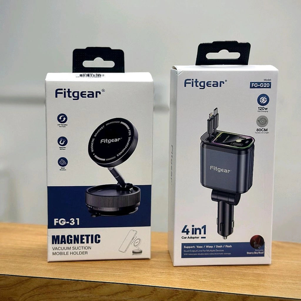 Fitgear Car Essentials Combo | Magnetic Phone Holder + 4-in-1 Fast Car Charger | Complete Driving Setup