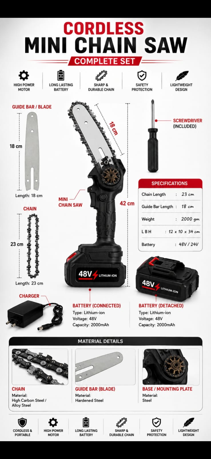 48V Cordless Mini Chainsaw – 18CM Guide Bar | 2 Batteries Included