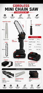 48V Cordless Mini Chainsaw – 18CM Guide Bar | 2 Batteries Included
