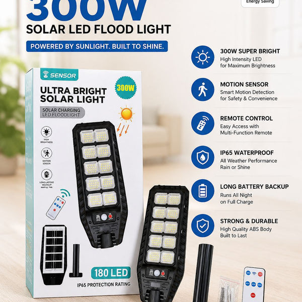 Ultra Bright 300W Solar LED Flood Light | 180 LEDs | Motion Sensor & Remote Control | Outdoor Waterproof IP65