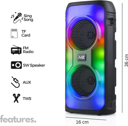 Boom-Mz Fusion Party V3 40W Bluetooth Karaoke Party Speaker with Dual Drivers, RGB Lighting, USB/SD Card/Aux Playback, Auto TWS Function, and Remote Control (Black) with immersive sound and a 3-meter wired microphone